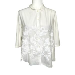 WHYCI Milano White Embroidered Mixed Media 3/4 Sleeve Button Up Blouse